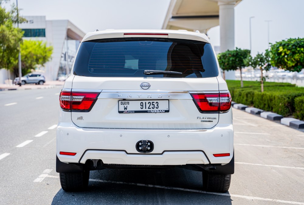 Rear view of White Nissan Patrol LE Platinum