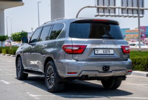 Rear view of Grey Nissan Patrol LE Platinum
