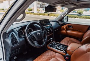 Seat view of white Nissan Patrol LE Platinum