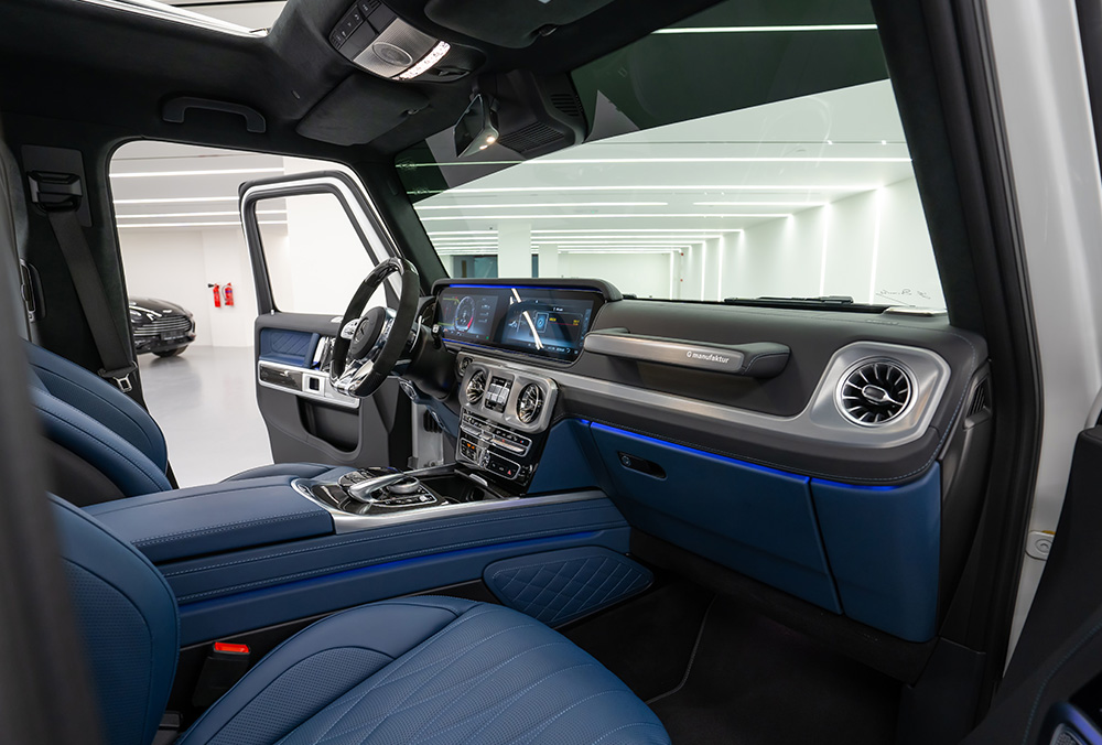Rent White Mercedes Benz G Class G 63 AMG interior side view