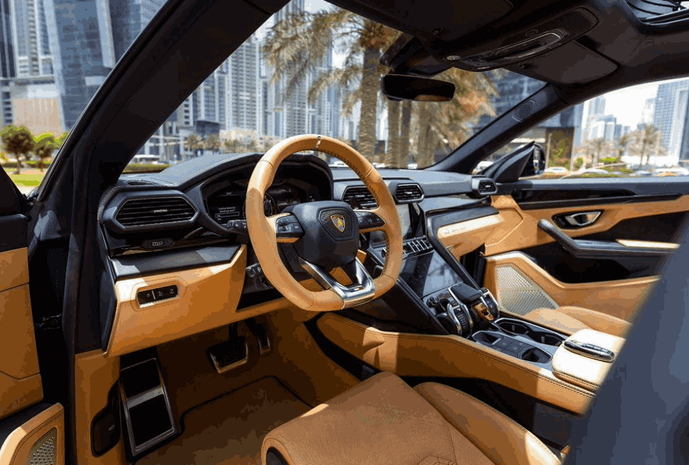 Blue Lamborghini Urus steering wheel