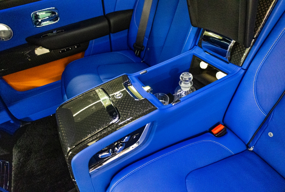 Rear interior view of Grey Rolls-Royce Cullinan Black Badge