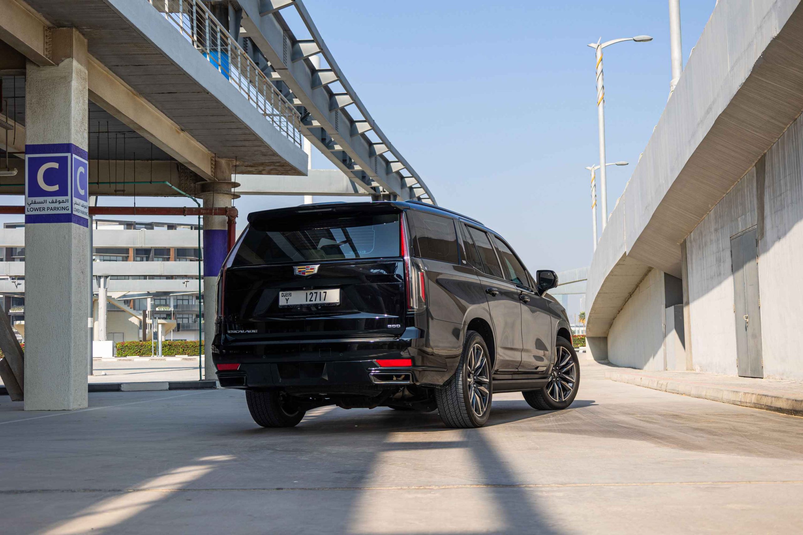 Black Cadillac Escalade Sport Platinum rear view
