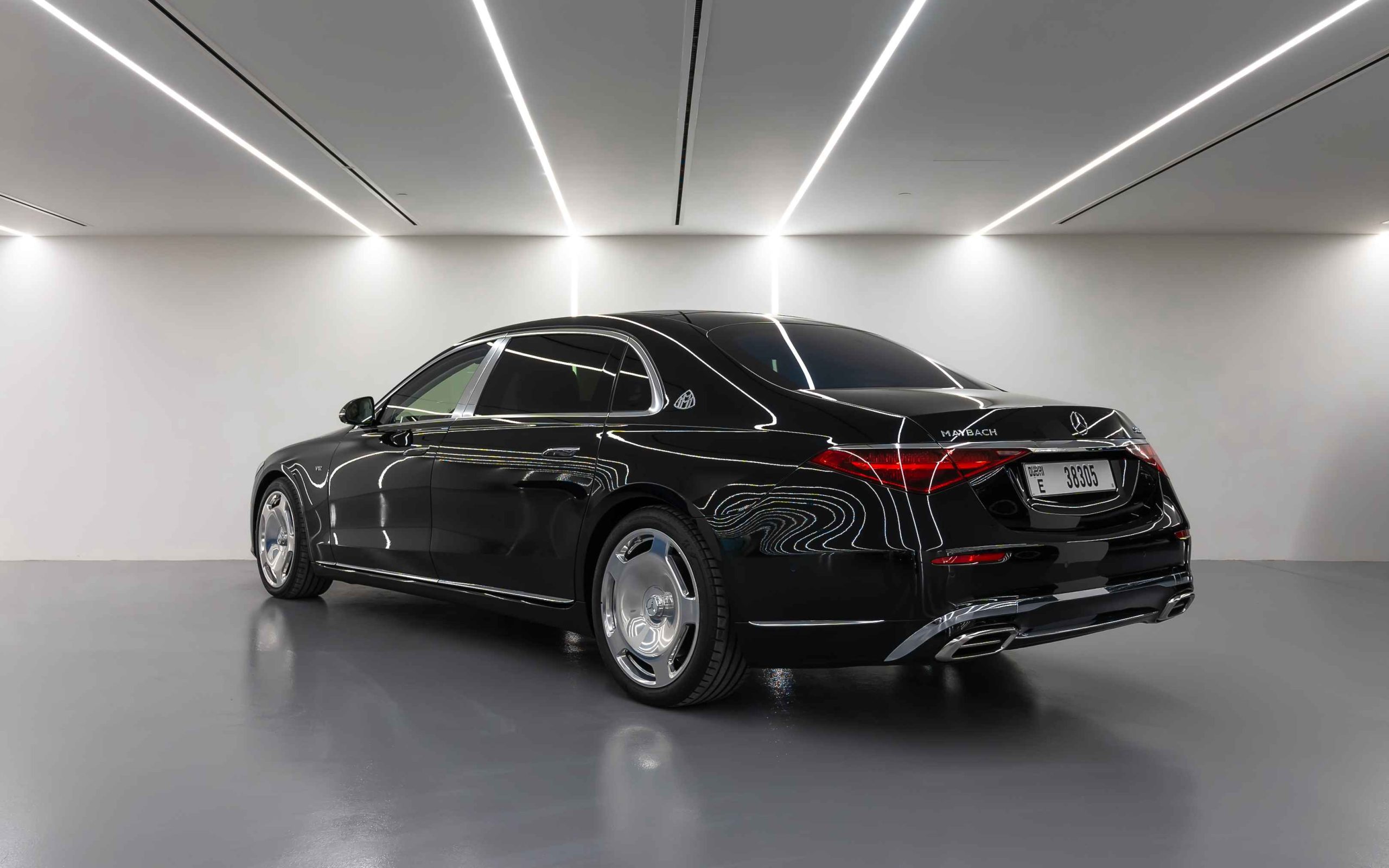 Black Mercedes Maybach S680 rear angle view