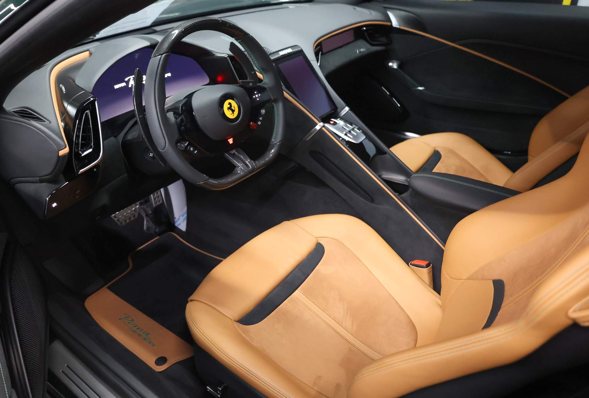 Green Ferrari Roma Spider interior view