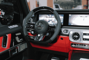 Blue Mercedes G63 AMG steering wheel