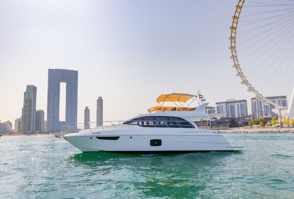 Luna C-52 – 52ft luxury yacht rental in Dubai with two private cabins, open deck, and premium amenities by POF Rental
